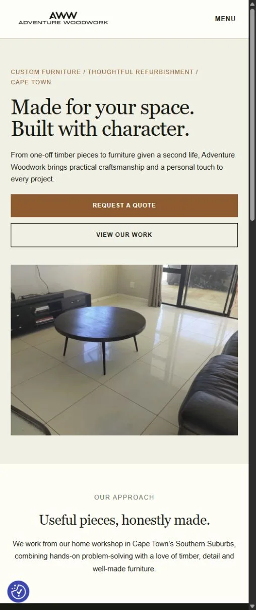 Adventure Woodwork website showing custom furniture and a round wooden table