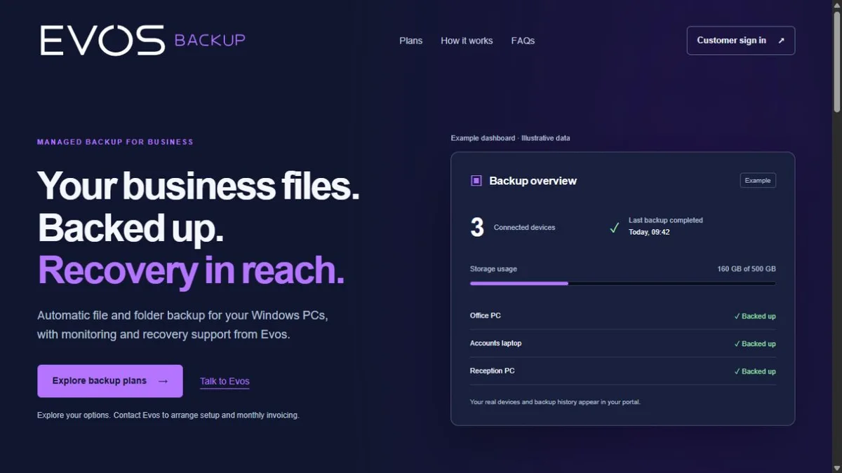 Evos Backup homepage with backup overview